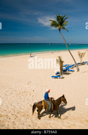 Caraibi Repubblica Dominicana a cavallo sulla spiaggia con vista oceano al di là Foto Stock