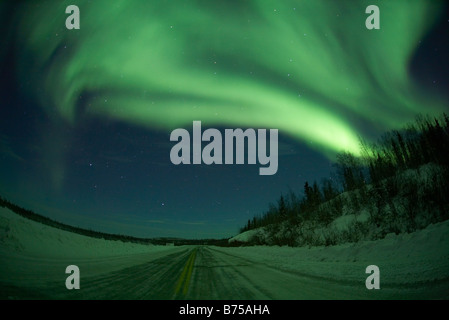 Aurora boreale converte il sentiero Ingraham al di fuori di Yellowknife, Northwest Territories, Canada, in un drammatico spettacolo di luci Foto Stock