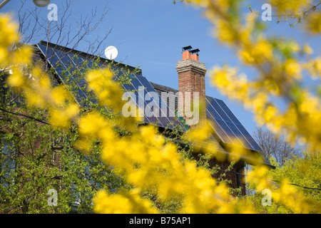 Pannelli solari su una vecchia casa, Toronto, Ontario, Canada Foto Stock