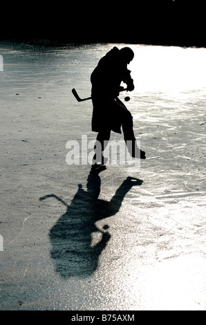 Le famiglie possono usufruire di alcuni hockey su ghiaccio divertimento sulla congelati negli Falmer stagno vicino Brighton Regno Unito Foto Stock