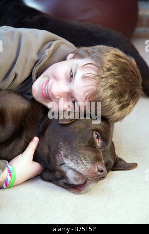 Un adolescente ragazzo di teen avvolge il suo cioccolato pet labrador cane, REGNO UNITO Foto Stock