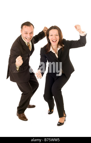 Happy businessman e la donna e i suoi successi su sfondo bianco Foto Stock