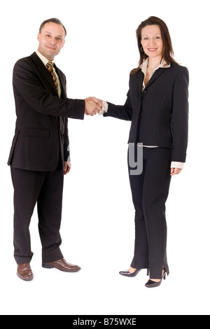Business donna e uomo stringono le mani su sfondo bianco Foto Stock