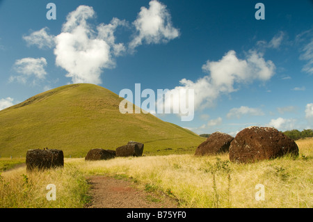 Puna Pau è una cava in un piccolo cratere fonte di red le scorie che il Rapanui utilizzati per scolpire i pukao Foto Stock