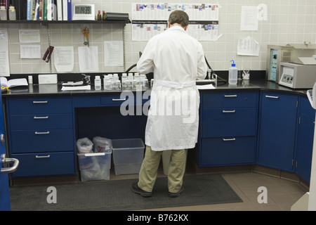 Vista posteriore di uno scienziato che lavora in un laboratorio Foto Stock