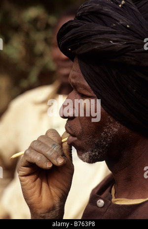 Vicino a Niamey, Niger, Africa occidentale. Fulani agricoltore usa un bastone da masticare per pulire i suoi denti. Foto Stock