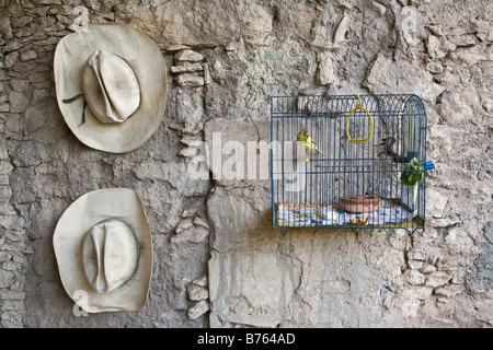 Cappelli da cowboy e gabbia di uccelli nella città fantasma di minerale DE POZOS GUANAJUATO MESSICO Foto Stock