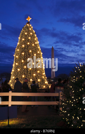 La Nazionale di albero di Natale sull'ellisse e il Monumento a Washington a Washington DC scattata di notte. Foto Stock