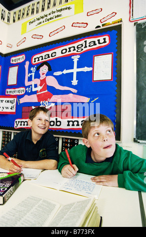 Gli alunni lavorano in aula in lingua gallese junior school di Newport South Wales UK Foto Stock