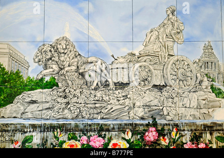 Piastrelle spagnolo, azulejos, Fuente de Cibeles Fountain, rappresentazione della dea greca Cibele, Madrid, Spagna, Europa Foto Stock