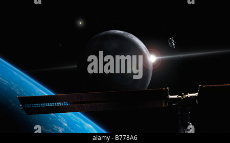 Illustrazione futuristico concetto raffiguranti astronauta in orbita sulla terra-come sistema del pianeta con stazione di spazio. Foto Stock