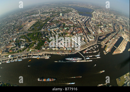 Fotografia aerea, fish-eye, vista su Neustadt, centro storico, Binnenalster, interno Alster e Aussenalster, Alst esterno Foto Stock