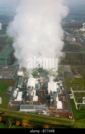 Fotografia aerea, turbina a gas a ciclo combinato, CCGT, centrale elettrica delle public utilities, nebbia mattutina, Hamm, Ruhr di Foto Stock