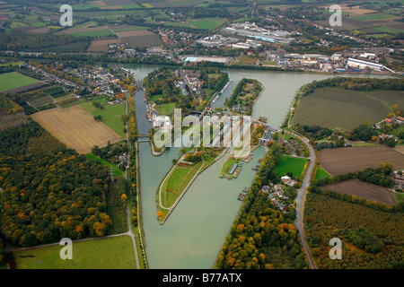 Fotografia aerea, Henrichenburg boat lift, Rhine-Herne channel, canale Dortmund-Ems, Waltrop, distretto della Ruhr, Nord Rhine-West Foto Stock