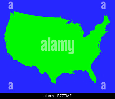 Stati Uniti d'America mappa di contorno in verde isolato su sfondo blu Foto Stock