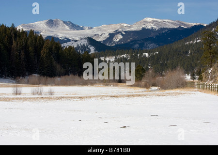 Snowy ranch alla base di 13000 piedi Mount Evans Colorado in inverno Foto Stock