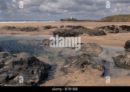 Faro di Godrevy e spiaggia, Cornwall Foto Stock