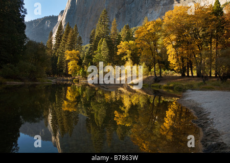 La base di El Capitan e la Merced River run attraverso la valle di Yosemite in autunno il parco nazionale di Yosemite CALIFORINA Foto Stock