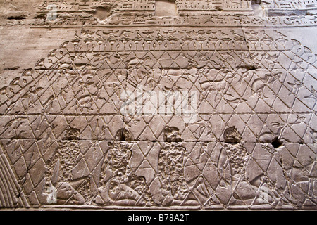 Dettaglio del lavoro di soccorso che mostra i prigionieri, pesci, uccelli e animali in reti presso il Tempio di Edfu Egitto Foto Stock