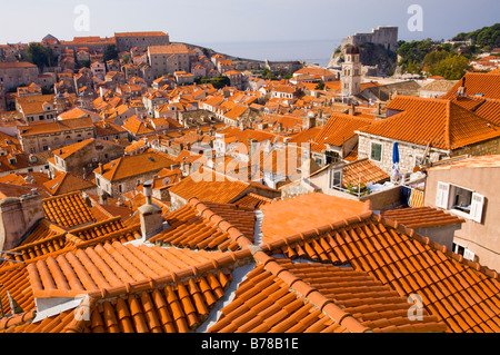 La orange tetti della città vecchia di Dubrovnik come visto dalle mura della città Foto Stock