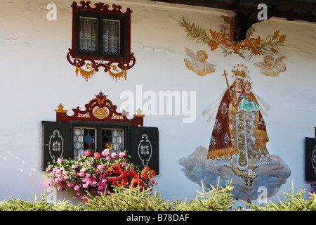 Lueftlmalerei, parete di pittura, su una casa colonica in Schliersee, Alta Baviera, Baviera, Germania, Europa Foto Stock