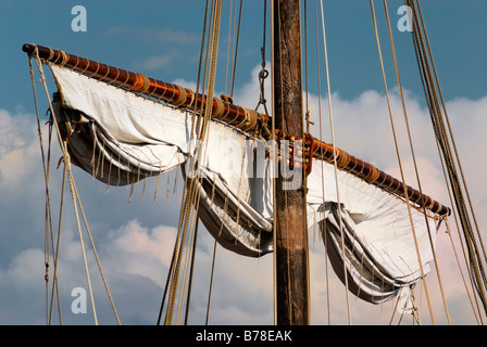 Raccolse vela quadrata di una nave Cog, un montante, Kiel, Schleswig-Holstein, Germania, Europa Foto Stock