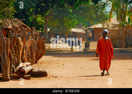 L uomo sulla strada del villaggio di Tumani Tenda, ecoturismo village, Gambia, Africa Foto Stock