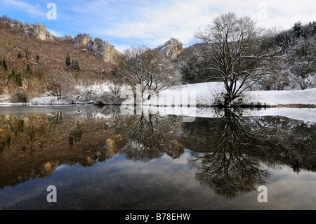 Vista sul Fiume Danubio delle rocce Jurakalkstein, Jura-rocce calcaree nella parte superiore della valle Donautal, contea di Tuttlinge Foto Stock