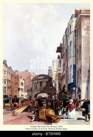 Temple Bar da Strand 1842 acquerello da Thomas Shotter Boys della porta occidentale di Londra smantellata nel 1878 Foto Stock