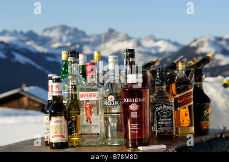 Bottiglie nel Bar all'aperto in Iglu-Dorf su Eggli, Rueblihorn, Gstaad, Alpi occidentali, Oberland bernese, Svizzera, Europa Foto Stock