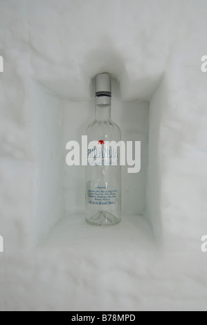 La vodka bottiglia in igloo, Icehotel Kakslauttanen, Ivalo, Lapponia, Finlandia, Europa Foto Stock