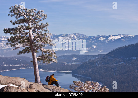 Un uomo seduto da un albero sopra Donner del lago in un giorno di neve in California Foto Stock