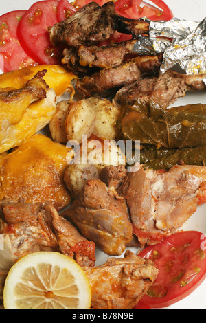 Piatto di stile arabo agnello al forno e pollo,le foglie di vite ripiene, patate arrosto, costolette di agnello grigliate, pomodoro e limone. Foto Stock