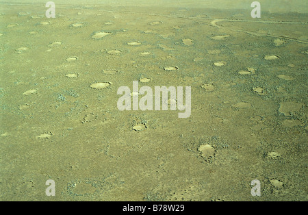 Vista aerea di fairy ring (fata cerchi)- un fenomeno naturale nel deserto del Namib vicino al Sossusvlei Foto Stock