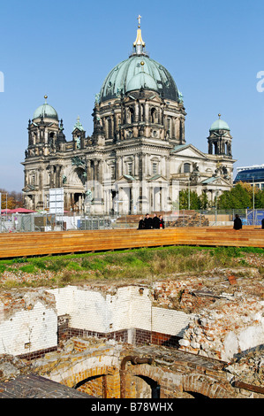 Aborigeno di legno intorno le rovine del Berliner Stadtschloss davanti alla Cattedrale di Berlino e il vecchio Museo di Berlino Mitte, Ger Foto Stock