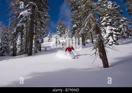 Un uomo e una donna sci polvere di neve at Northstar a Tahoe ski area nei pressi del lago Tahoe in California Foto Stock