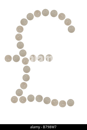 Una libbra di monete isolato su bianco nella forma del simbolo cancelletto Foto Stock