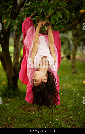 Bambina di cinque anni si arrampica su un albero Foto Stock