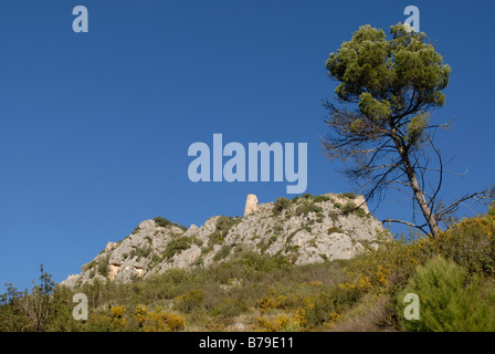 Rovine del Castello Moresco sull affioramento di calcari, Vall de Gallinera, Marina Alta, Provincia di Alicante, Comunidad Valenciana, Spagna Foto Stock