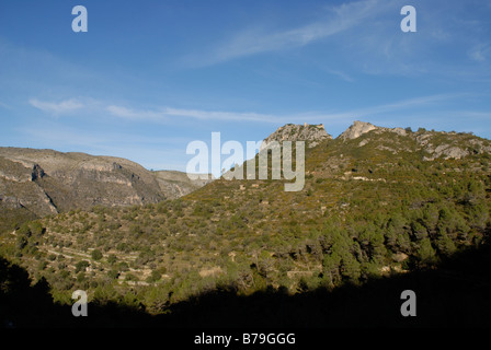 Vista di 12C castello moresco, Vall de Gallinera, Marina Alta, Provincia di Alicante, Comunidad Valenciana, Spagna Foto Stock