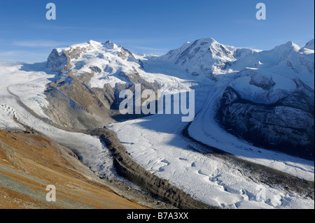 Monte Rosa Massiv come visto dal Gornergrat, Gorner ghiacciaio, Grenzgletscher, Liskamm, Zermatt, Vallese, Svizzera, Europa Foto Stock