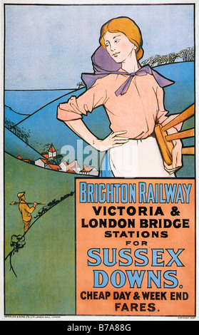 Stazione di Brighton Sussex Downs 1903 poster per il servizio da stazioni di Londra per la laminazione costa sud delle colline Foto Stock