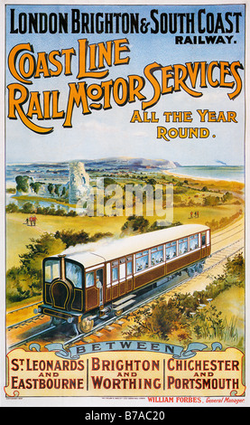 Linea di costa motore Rail Services 1906 poster per la costa del Sussex singola carrozza ferroviaria visto qui passando il Castello di Pevensey Foto Stock