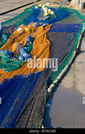 Commerciale di reti da pesca asciugando fuori sulla banchina di terra Foto Stock