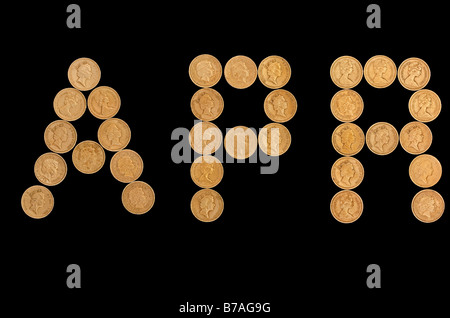 Uno e due libbre di monete Britanniche formando le lettere APR (tasso percentuale annuale), Gran Bretagna, Regno Unito, Europa Foto Stock