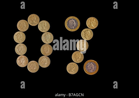 Uno e due libbre di monete Britanniche formante la percentuale zero simbolo, Gran Bretagna, Regno Unito, Europa Foto Stock