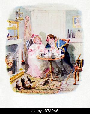 Oliver Twist Signor Bumble e onorevole Corney prendendo tè illustrazione originale da George Cruikshank per il romanzo di Dickens del 1837 1839 Foto Stock