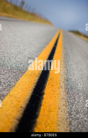 Close-up della linea Double-Yellow sulla autostrada rurale di Santa Cruz, California, Stati Uniti d'America Foto Stock