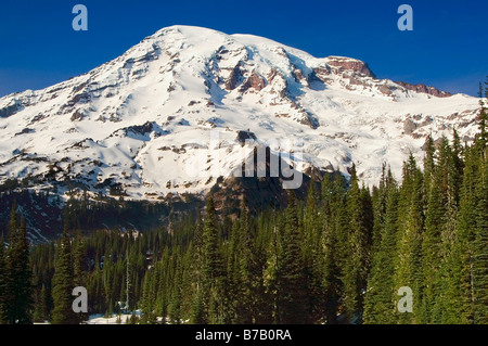 Il monte Rainier in una limpida giornata di sole in tarda primavera Foto Stock