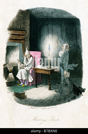 A Christmas Carol Marleys Ghost illustrazione di John Leech per la Charles Dickens libro come Scrooge riceve una scossa Foto Stock